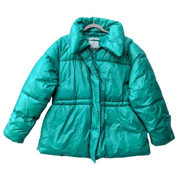 A New Day Wet Look Puffer Winter Coat Jacket Jade Small Green Zip Up Puffy Cinch - Picture 1 of 10